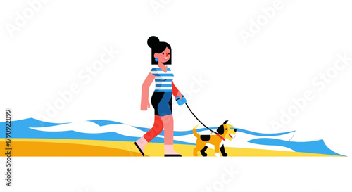 Woman Embarks On a Beach Walk With Her Dog Animated Scene