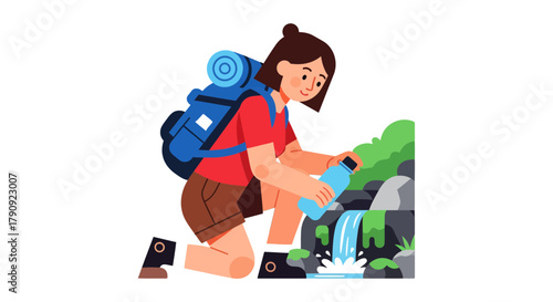 Woman Hydrating With Water From Waterfall During Hike Adventure In Nature Outdoors