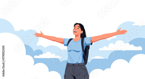 Woman Embracing Freedom: Reaching For The Sky And Celebrating Life's Adventures