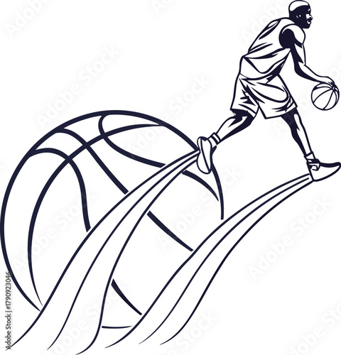 Dynamic basketball player in mid dribble action with abstract motion lines creating a sense of speed and energy