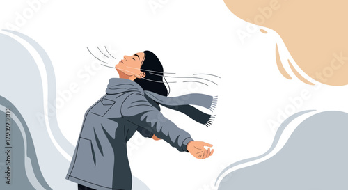 Woman Embracing Fresh Air and Freedom with Open Arms in a Serene Illustration