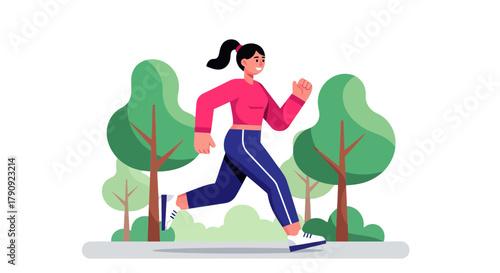 Woman Jogging In Park Animated With Trees, Health and Exercise, On A Black Background