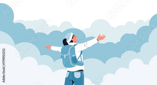 Woman Embracing Serenity In A Cloudscape While Backpacking Towards New Horizons