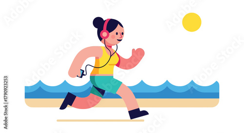Woman Jogging During Sunrise Near the Beach While Enjoying Music with Headphones