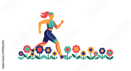 Woman Jogging Amid Flowers: A Colorful Illustration of Health and Nature