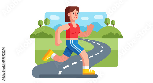 Woman Jogging on Green Landscape, Promoting Physical Activity and Wellness Outdoors