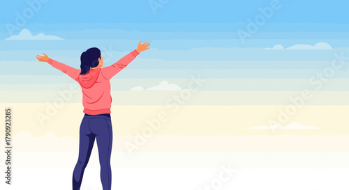 Woman Embracing Positive Outlook With Open Arms Under Sky, Freedom Concept