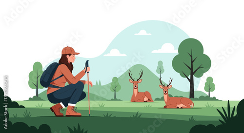 Woman Encounters Deer While Hiking, Enjoying Nature's Beauty in Serene Outdoor Scene