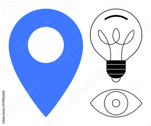 Blue geolocation pin, outlined eye, and classic light bulb represent navigation, insight, and innovation. Ideal for creativity, technology, exploration analysis strategy vision navigation. Simple