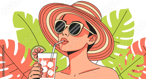 Woman Enjoying A Refreshing Drink In Tropical Setting During Summer Vacation