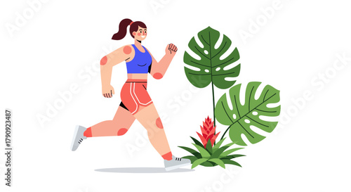 Woman Jogging With Tropical Florals Against A Stark Black Backdrop Illustrative Concept