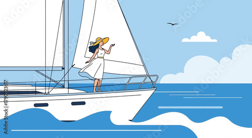 Woman Enjoying A Yachting Journey Under The Sunny Sky And Azure Waters