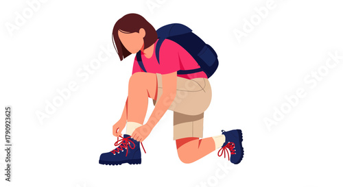 Woman Kneeling While Tying Her Bootlace, Ready For Hiking In The Natural Environment