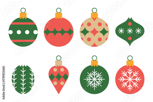 A collection of festive Christmas ornaments in various shapes and patterns, including snowflakes and geometric designs, ready for holiday decorating.