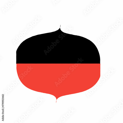 An abstract shape divided horizontally with a black upper half and a red lower half design element