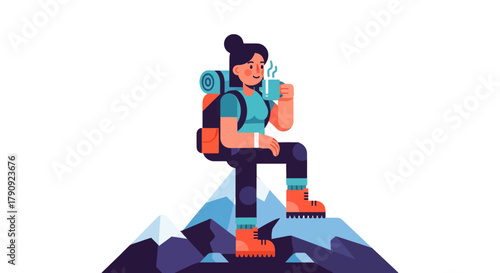 Woman Enjoying Coffee While Backpacking With Scenic Mountain Views After a Long Hike