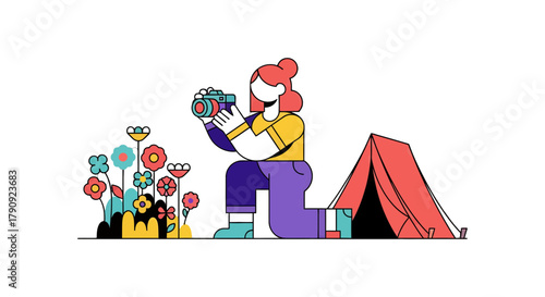 Woman Kneeling With Camera Capturing Colorful Flowers Near A Camping Tent In Nature