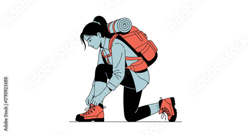 Woman Kneeling, Lacing Boots Before Starting Adventurous Camping Journey