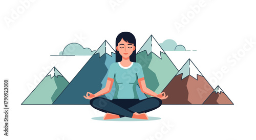 Woman Meditating In Mountainscape: Achieving Serenity And Peace Through Contemplation
