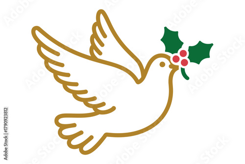 A golden dove with a holly sprig symbolizes peace and the festive holiday season.