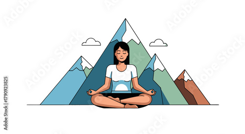Woman Meditating in Nature: Inner Peace and Mindfulness With Mountain Scenery, Calm