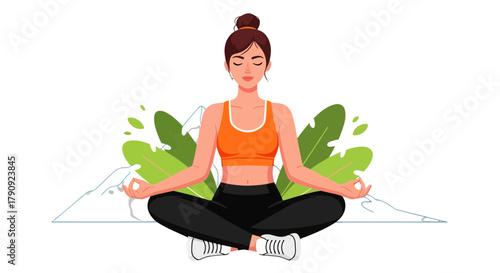 Woman Meditating In Yoga Pose With Nature Theme For Relaxation and Peace