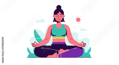 Woman Meditating In Yoga Position Creating A Sense Of Peace In A Vector Illustration