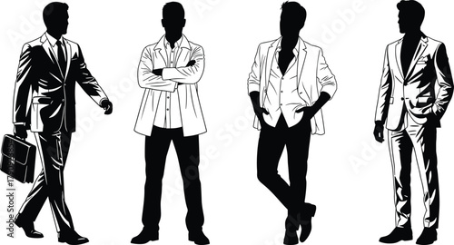 Men’s fashion silhouettes, formal and casual outfit poses, black vector illustration, stylish male clothing icons, wardrobe design, modern apparel concept