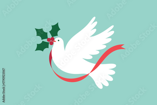 A white dove flies with a sprig of holly and a red ribbon, symbolizing peace and the holiday season.