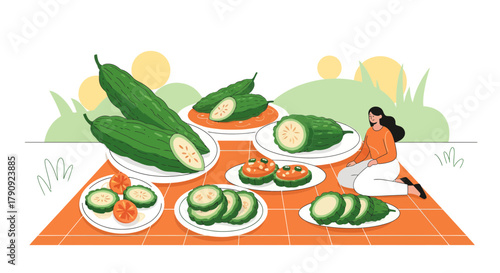 Woman Enjoying Delicious Fresh Foods at Picnic Table in Natural Outdoor Setting