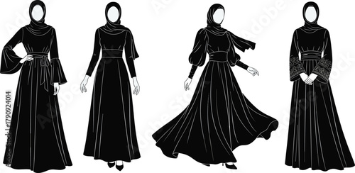 Modest fashion illustration, long dresses with headscarves, cultural outfit variations, flowing silhouettes, elegant garment styles, vector design, traditional clothing art