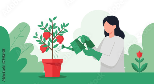 Woman Nurturing Pomegranate Tree With Watering Can In Peaceful Garden Setting