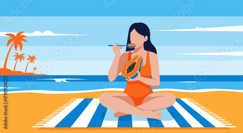 Woman Enjoying Delicious Papaya Fruit on Coastal Beach Sunny Summer Vacation