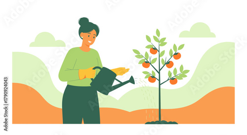 Woman Nurturing Young Fruit Tree With Watering Can in a Serene Garden Setting