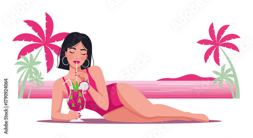 Woman Enjoying Delicious Tropical Cocktail Beside the Sea Relaxing During A Vacation