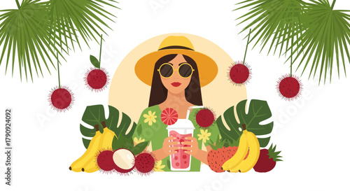 Woman Enjoying Delicious Tropical Drink With Fruits and Green Leaves Illustration