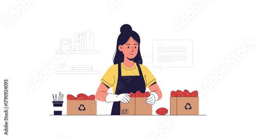 Woman Organizes Red Fruits in Boxes Inside a Workshop for Harvesting and Sorting