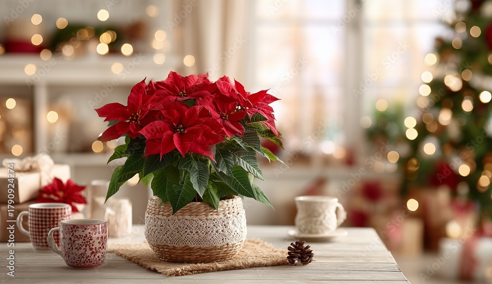 Fototapeta premium Festive Poinsettias Arranged on a Table Against a Cozy Holiday Backdrop