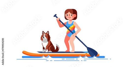 Woman Paddling Board With Dog Enjoying Water, Outdoors During Summer Day Illustration