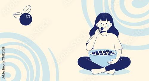 Woman Enjoying Fresh Blueberries With Spiraling Background and Minimalist Art