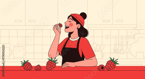 Woman Enjoying Fresh Raspberry in Kitchen and Expressing Pure Pleasure and Happiness