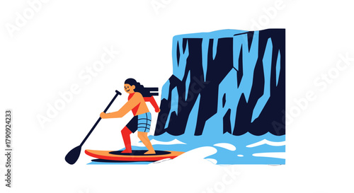 Woman Paddling Boarding Near A Waterfall In A Vivid, Minimalist Illustration