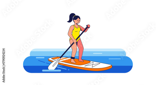 Woman Paddling Boarding Across Water Body Recreation Activity Summer Day