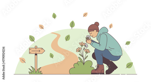 Woman Enjoying Floral Aroma While Exploring Pathway Towards Nature's Wonders