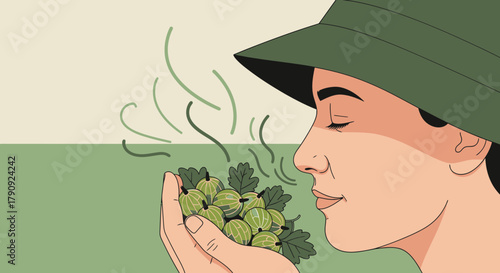 Woman Enjoying Freshly Harvested Fruit: An Artistic Depiction of Sensory Pleasure