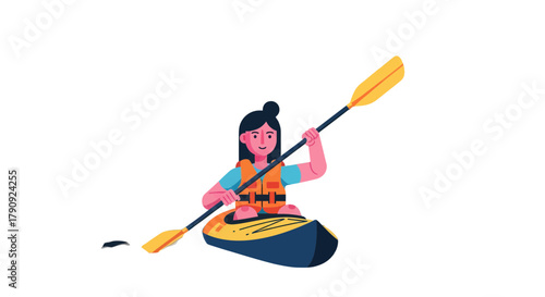 Woman Paddling Kayak in a Calm Environment with Life Vest Safety Equipment