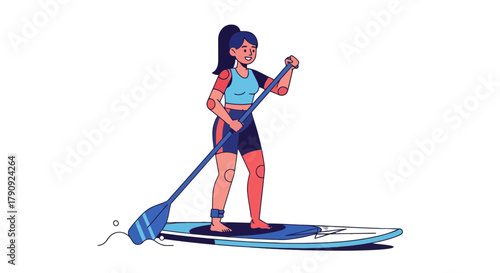 Woman Paddling on Sup Board Enjoying the Recreational Activities on Blue Water