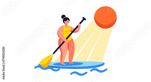 Woman Paddling Stand Up Paddleboard Under the Sunshine in a Cartoon Illustration