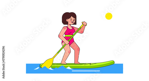 Woman Paddling Stand Up Paddleboard Under The Bright Sun in The Sea or Lake
