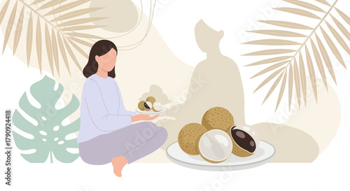 Woman Enjoying Longan Fruits In a Serene Setting With Modern Illustrations